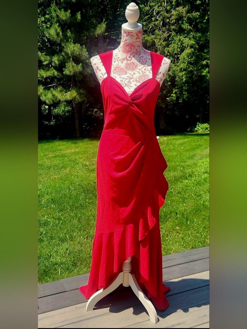 Red High-Low Twist Front Ruffle Dress